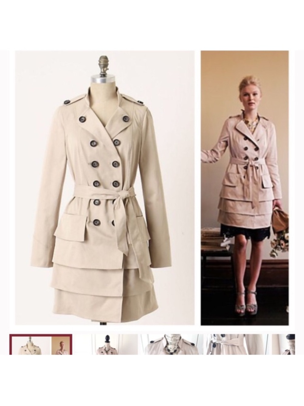 Anthropologie jacket IDRA trench coat tiered double breasted sz 2 Two Path tan